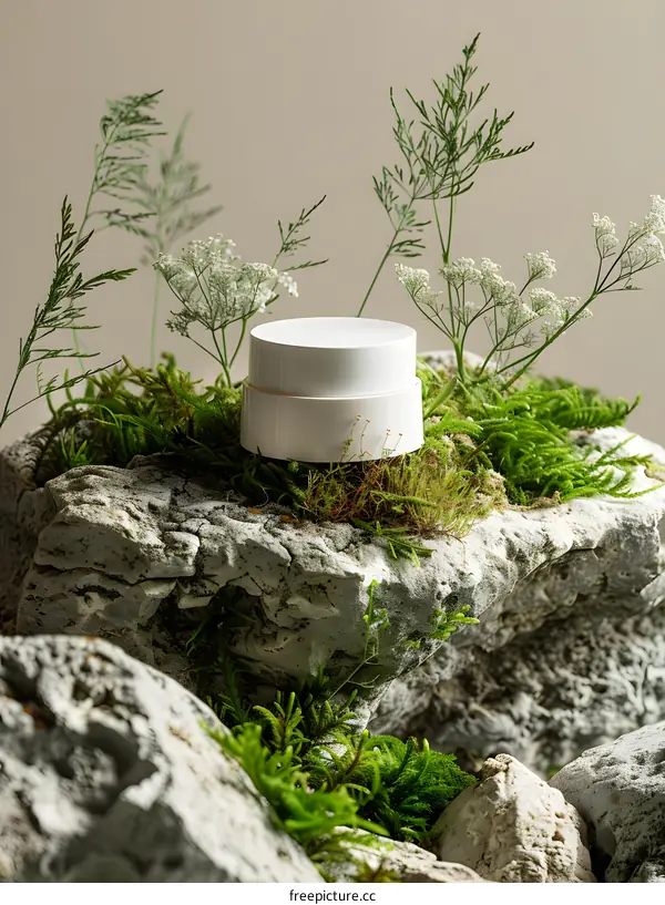 Natural Beauty Cream Jar On Rocks And Flowers