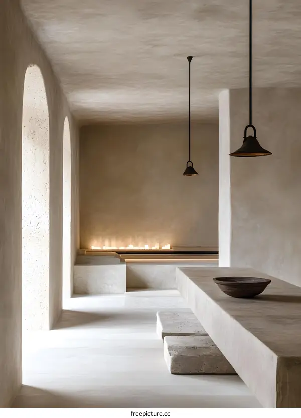 Minimalist Interior Design with Arched Windows and Concrete Walls