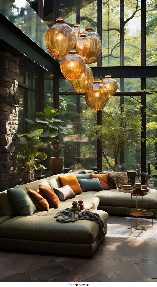 A living room with a large glass window and a comfortable sofa