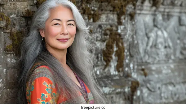 Portrait of a beautiful Asian woman with long silver hair