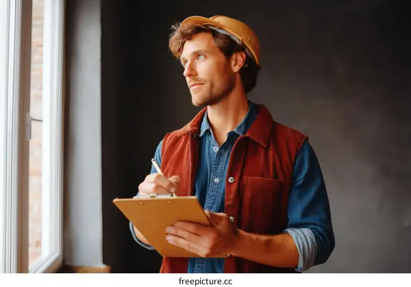 Caucasian Construction Worker Taking Notes