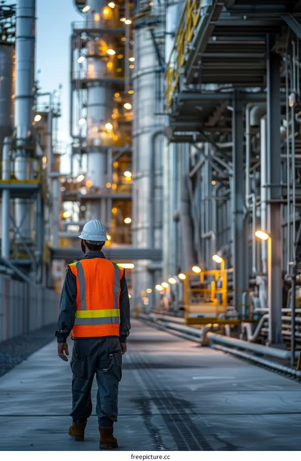 Oil and gas worker walking through an industrial plant