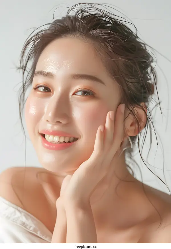 Smiling Asian Woman With Wet Hair and Glowing Skin