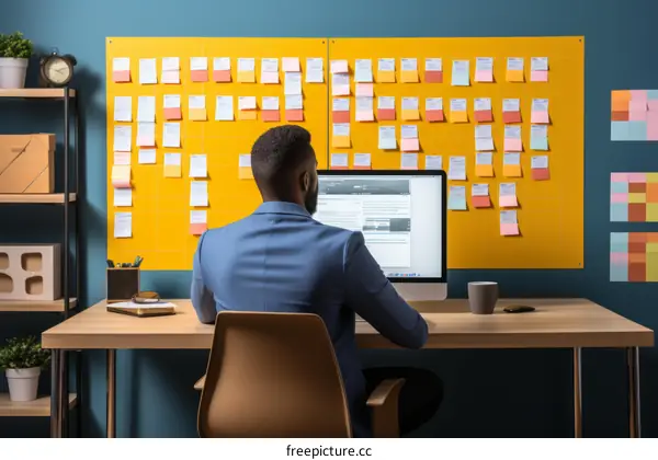 Black man working on computer in front of yellow sticky notes wall