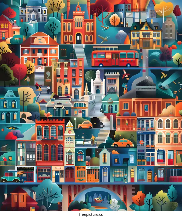 Colorful Illustration of a Cityscape with Buildings, Trees and People