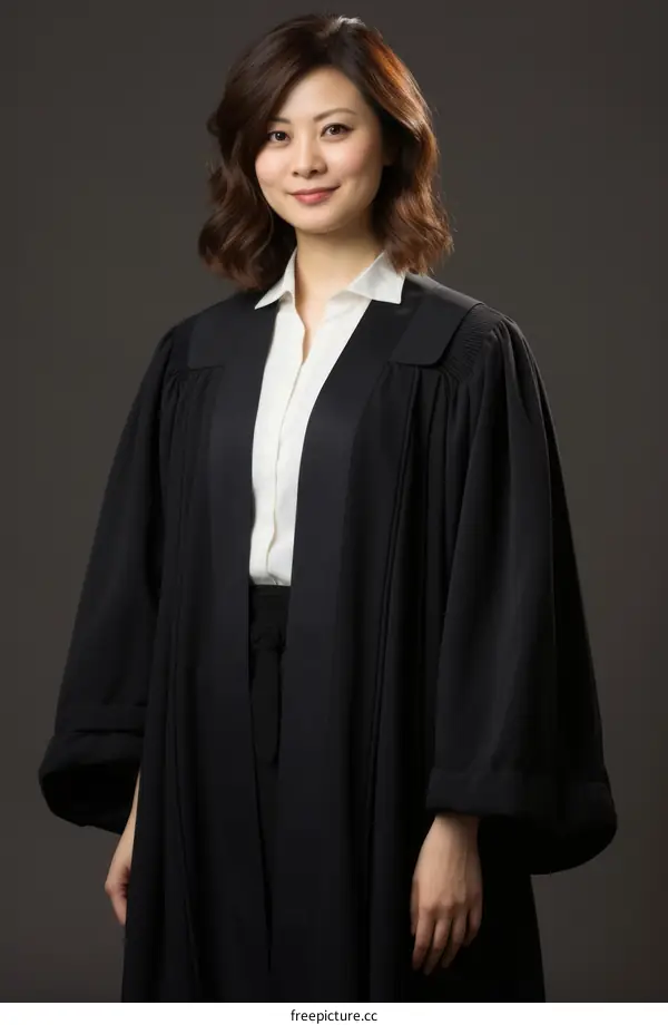 Studio portrait of a young Asian female judge or lawyer wearing a black robe