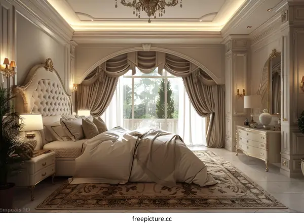 Ornate bedroom with a large bed and a sitting area