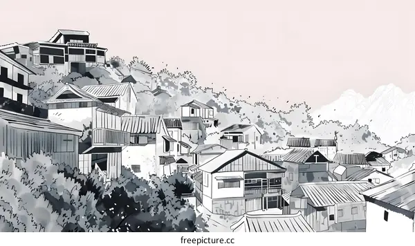Black and White Watercolor Illustration of Asian Houses on a Hillside