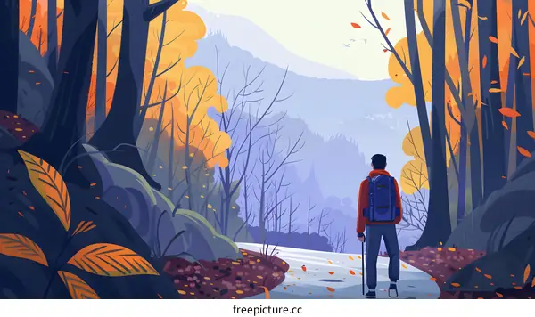 Man Hiking Through Forest in Autumn