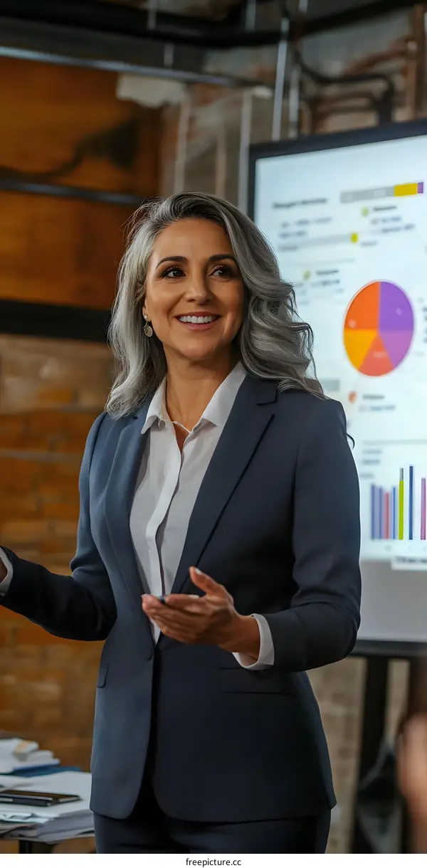 Confident Businesswoman Giving Presentation With Data Charts