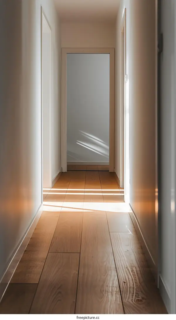 Sunlight Streaming Through a Hallway with Wooden Floor