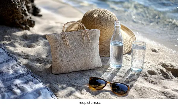 Beach Picnic Accessories on Sandy Shore