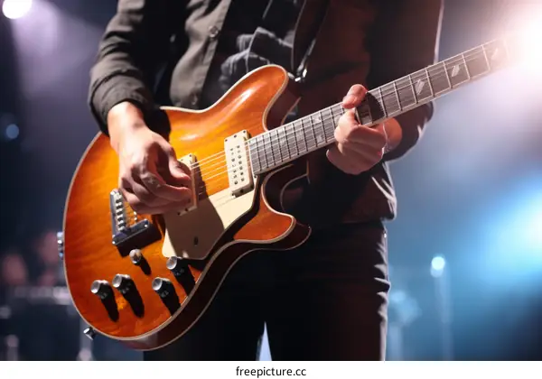 Close-up of an unrecognizable guitarist playing the guitar on stage during the concert