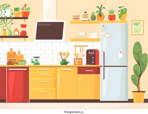 Modern Kitchen Interior Design with Yellow Cabinets and Red Appliances