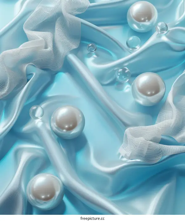 Elegant Light Blue Silk Fabric with Pearls and Lace