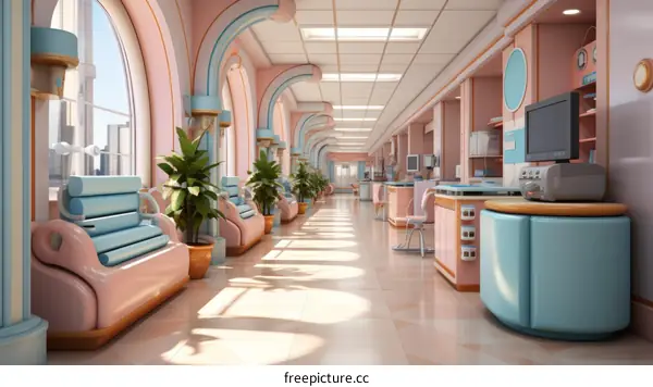 A retro futuristic hospital走廊