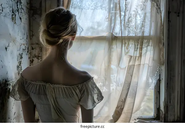 woman in white dress looking out the window