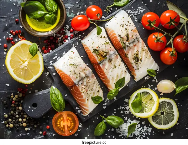 three pieces of raw salmon fillet with spices and herbs on a black slate board