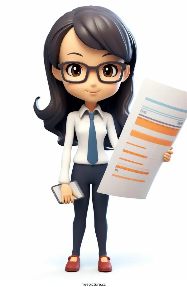 3D illustration of a businesswoman holding a document and a phone