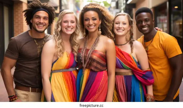 A group of five people of different ethnicities are standing in a row smiling at the camera. They are all wearing colorful clothing.