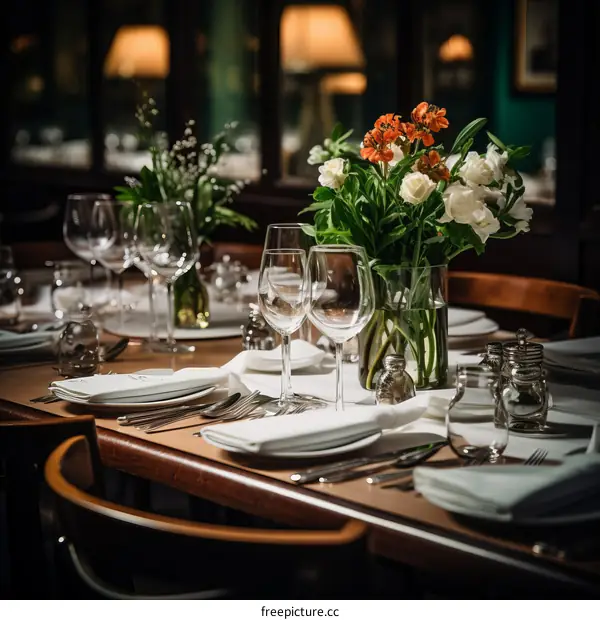 Elegant restaurant table setting with flowers