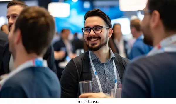 Smiling man wearing glasses at a business conference