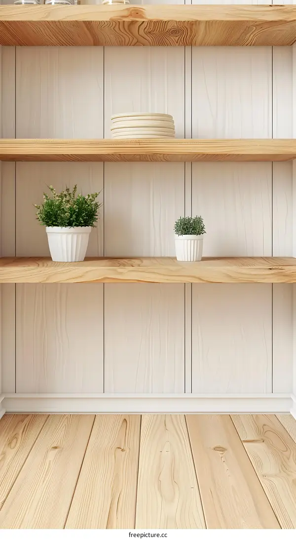 Empty Wooden Shelves with Plants and Plates