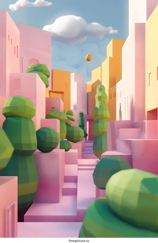 Low Poly Cityscape with Pink and Yellow Buildings
