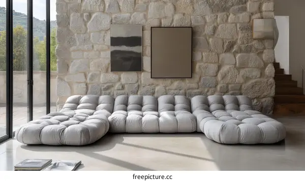 Modern Sofa Set in a Stone Wall Living Room