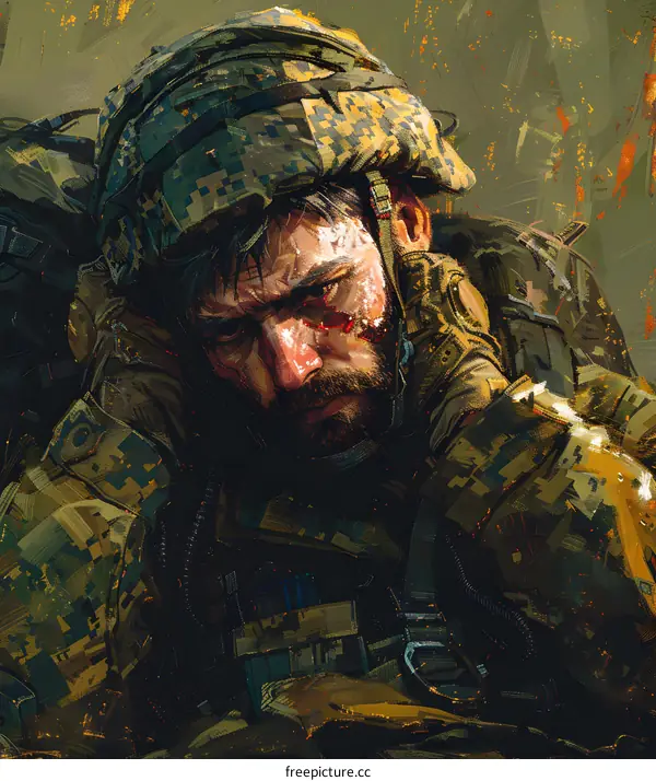 Soldier With Fatigue and Wounds After Battle