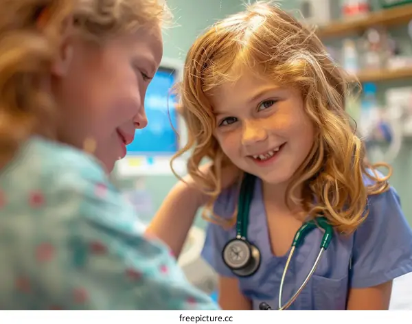 Two young girls playing doctor