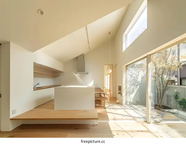 Minimalist Kitchen Design with Wooden Floors and Large Windows