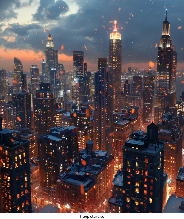 Winter Night Cityscape with Falling Embers