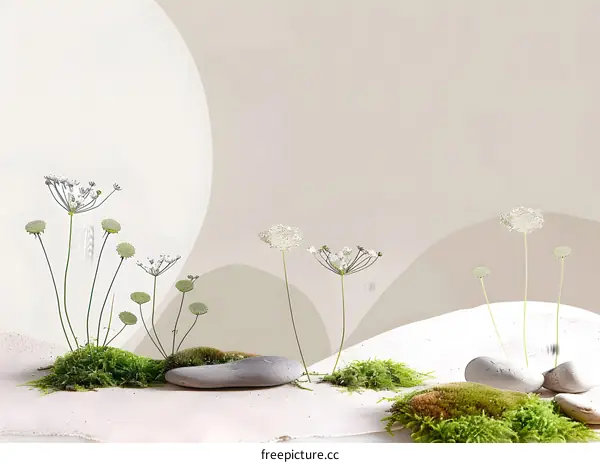 Minimalist Floral Still Life with Rocks and Moss