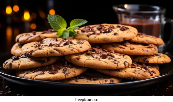 A plate full of chocolate chip cookies