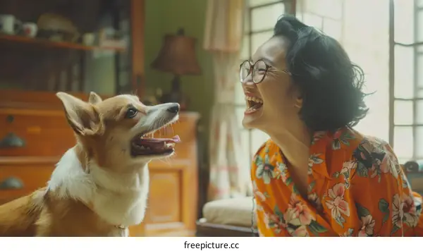 A woman laughing with her dog