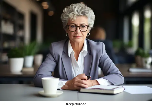 Confident senior businesswoman sitting at desk in cafe
