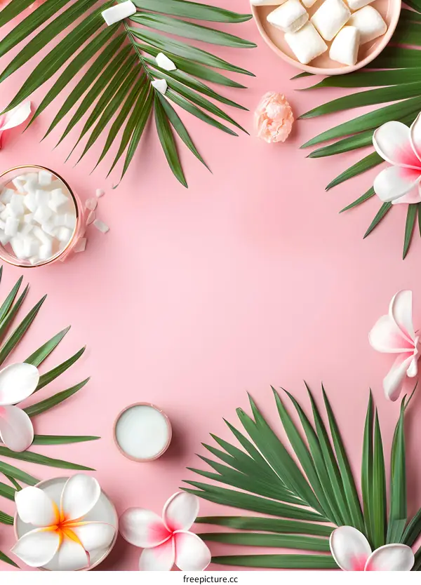 Tropical Summer Background with Palm Leaves and Flowers