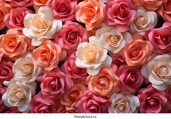 Pink, white and orange roses made of paper