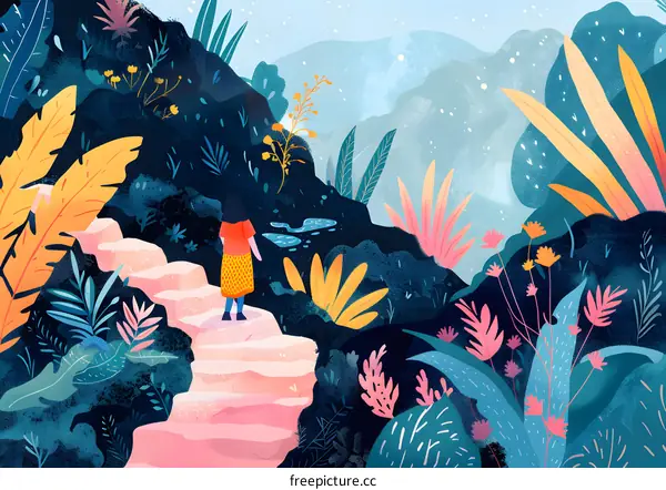 Woman in Red Shirt Walking Up Stone Steps in Lush Forest