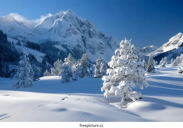 Snow-covered trees and mountains in winter landscape