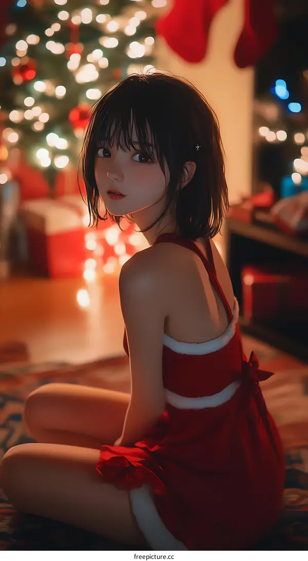 Christmas Anime Girl in a Red Dress