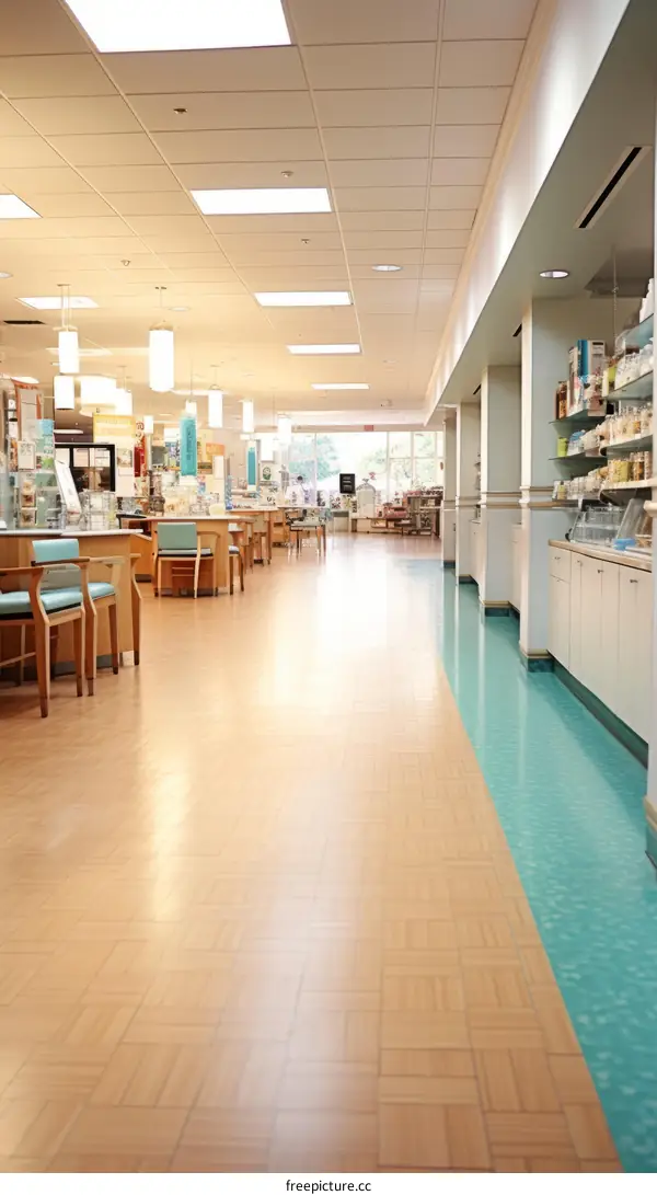 Deserted Grocery Store Aisle with Checkered Floor Tiles