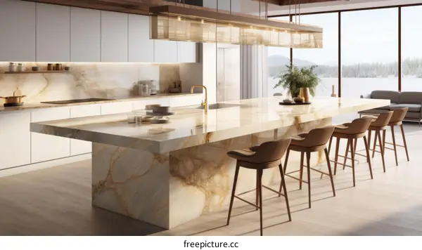 Modern Kitchen Island with Marble Top and Wood Chairs