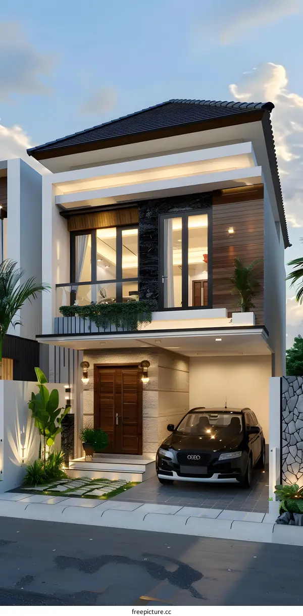 Modern Two Story House Exterior Design with Car and Greenery