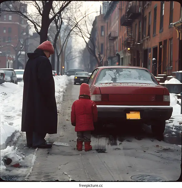 Snow Day in the City, a Young Girl in a Red Coat Looks at a Red Car with Her Father