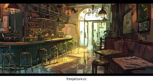 Empty Bar Interior with Sunlight Streaming in