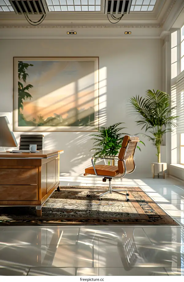 Office interior with brown leather chair and oriental rug