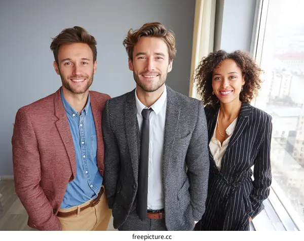 Three confident professionals standing near a window in modern office