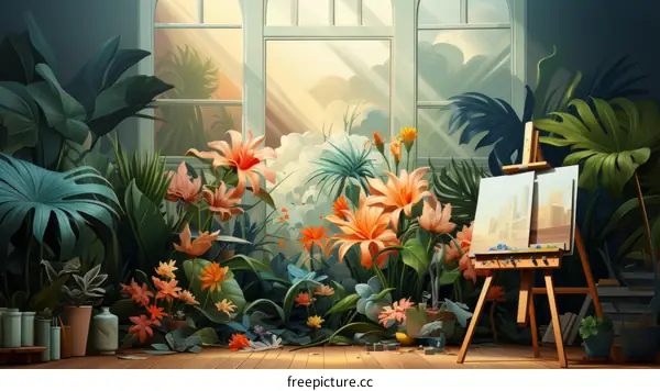 Lush Indoor Garden with Easel and Painting